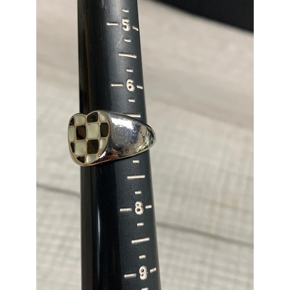 Silver Tone Black White Checkered Heart Enamel Adjustable Ring Size 7 Y2K Retro